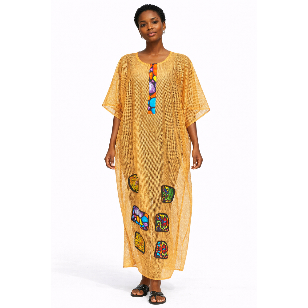 Women Mustard Mesh Maxi Kaftan Dress with Multicolor Patch Details